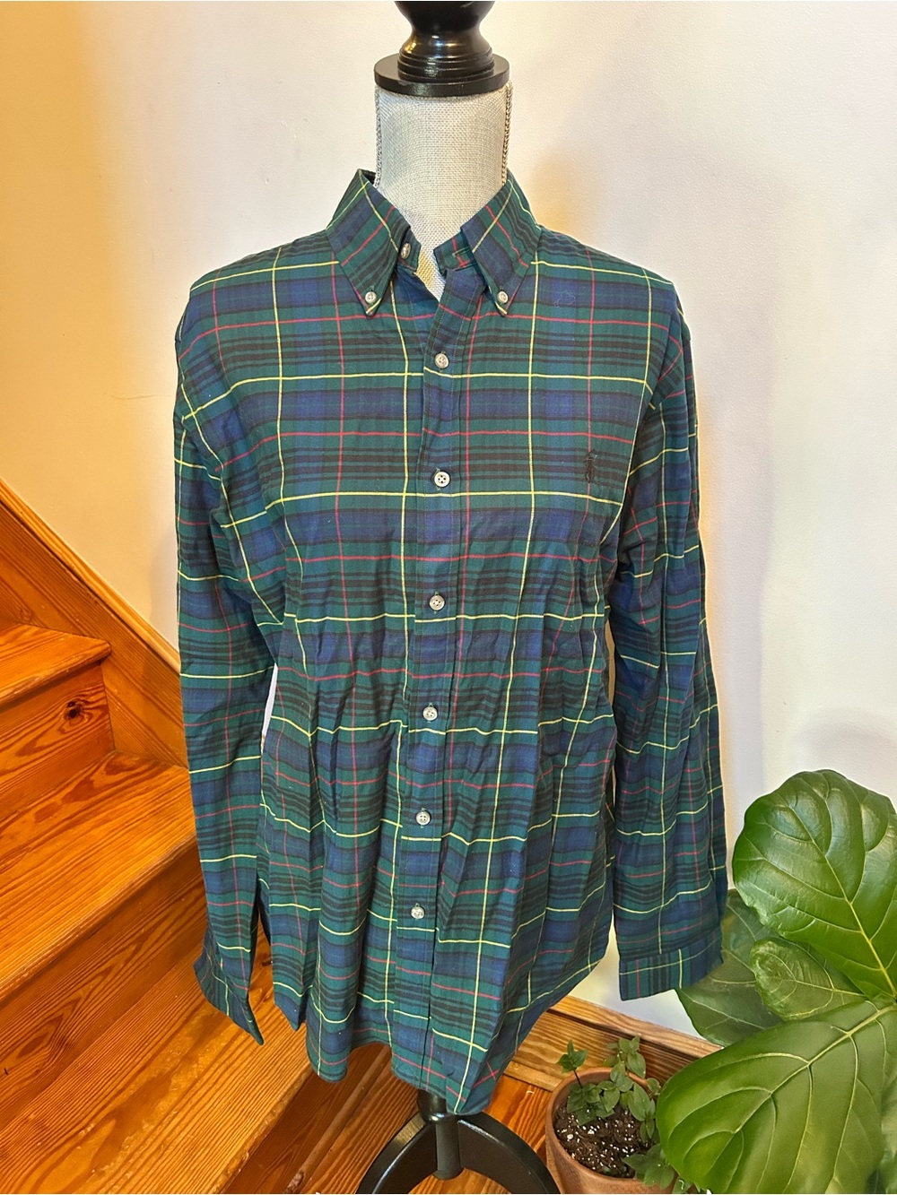 Ralph Lauren Green Plaid Button-Down Shirt with Yellow and Navy Stripes